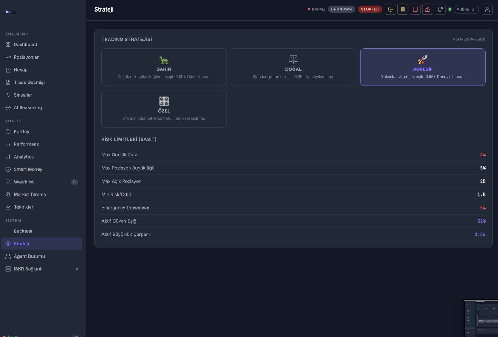 GXTrade strateji ve risk limitleri — max günlük zarar, pozisyon büyüklüğü, emergency drawdown
