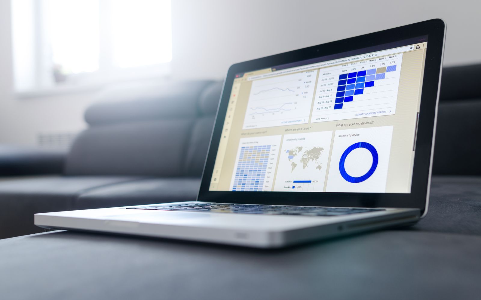 Sleek laptop showcasing data analytics and graphs on the screen in a bright room.